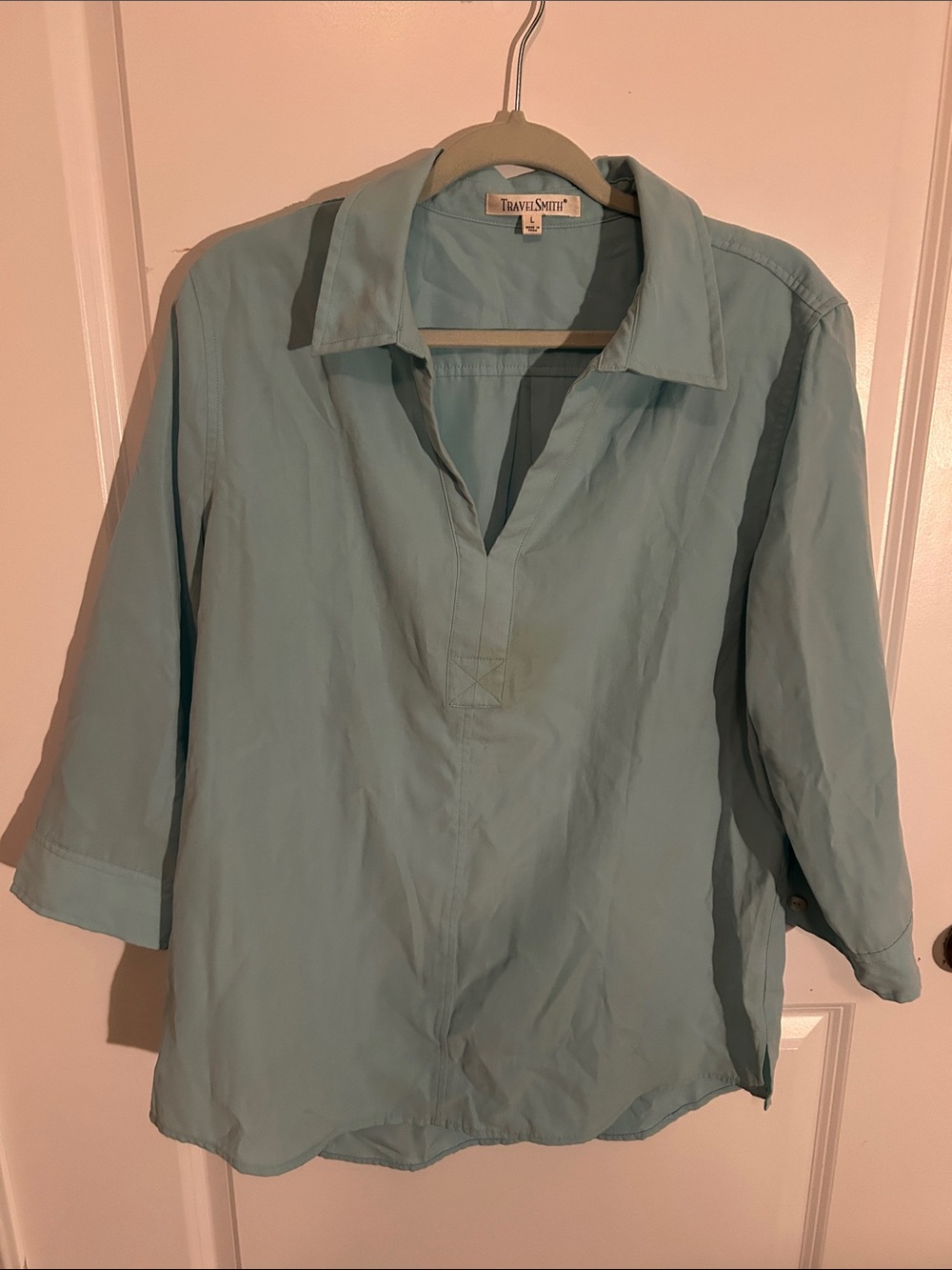TravelSmith Women's Light Aqua V-Neck Collared Tunic